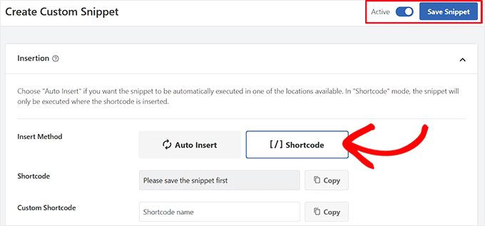 如何在 WordPress 的结账页面添加信任徽章（并提升销量） choose-shortcode-option-and-save-snippet20251109_ -15