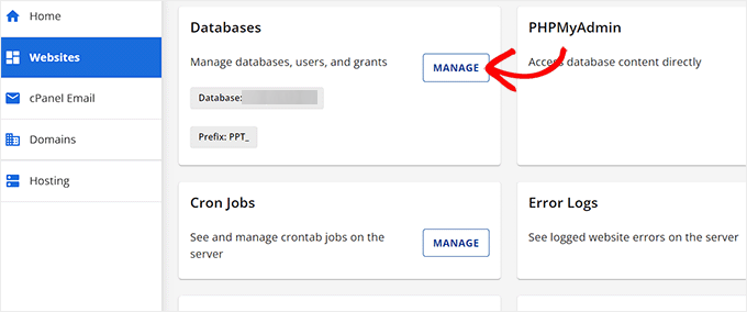 如何修复 WordPress 中建立数据库连接时出现的错误 click-manage-button-next-to-database-120251114_ -3