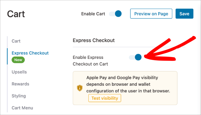 如何在 WooCommerce 中创建更快捷的结账流程（9 个专家技巧） enable-express-checkout-on-cart20251109_-1 -12