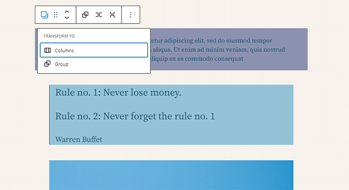 如何使用 WordPress 区块编辑器（Gutenberg 教程） transform-blocks-group-columns20251114_ -9