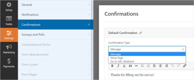 如何在 WordPress 中创建感谢页面 wpforms-edit-survey-form-confirmation-settings20251114_ -11