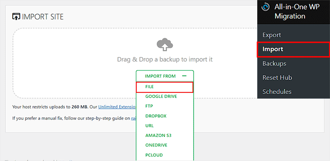 新手指南：如何从备份恢复 WordPress choose-file-in-import-dropdown-menu20251201_ -21