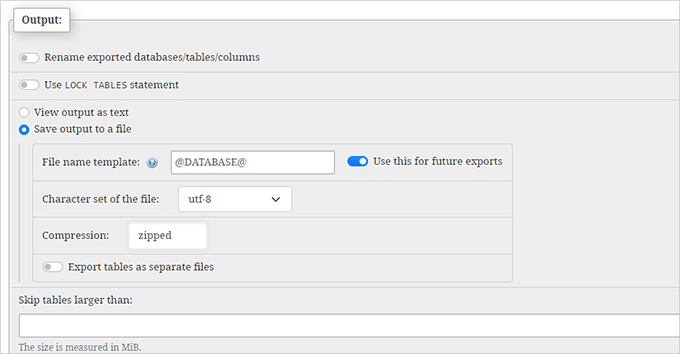 如何手动备份 WordPress 数据库（分步指南） phpmyadmin-export-output20251201_ -10