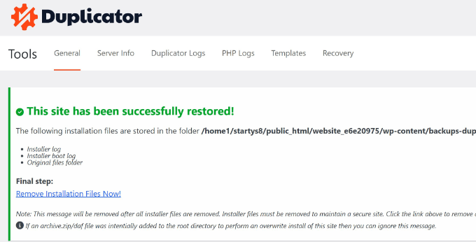 新手指南：如何从备份恢复 WordPress view-site-restore-succes-message20251201_-1 -13